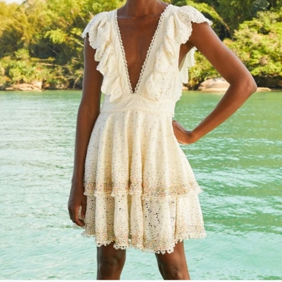 FARM Rio Dresses & Skirts - FARM RIO Eyelet patch beaded mini dress off-white